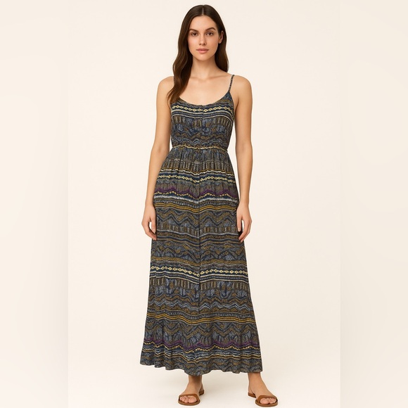 Lush Dresses & Skirts - LUSH Boho Maxi Dress S Ethnic Print Navy Purple Sleeveless Ruffle Hem Festival